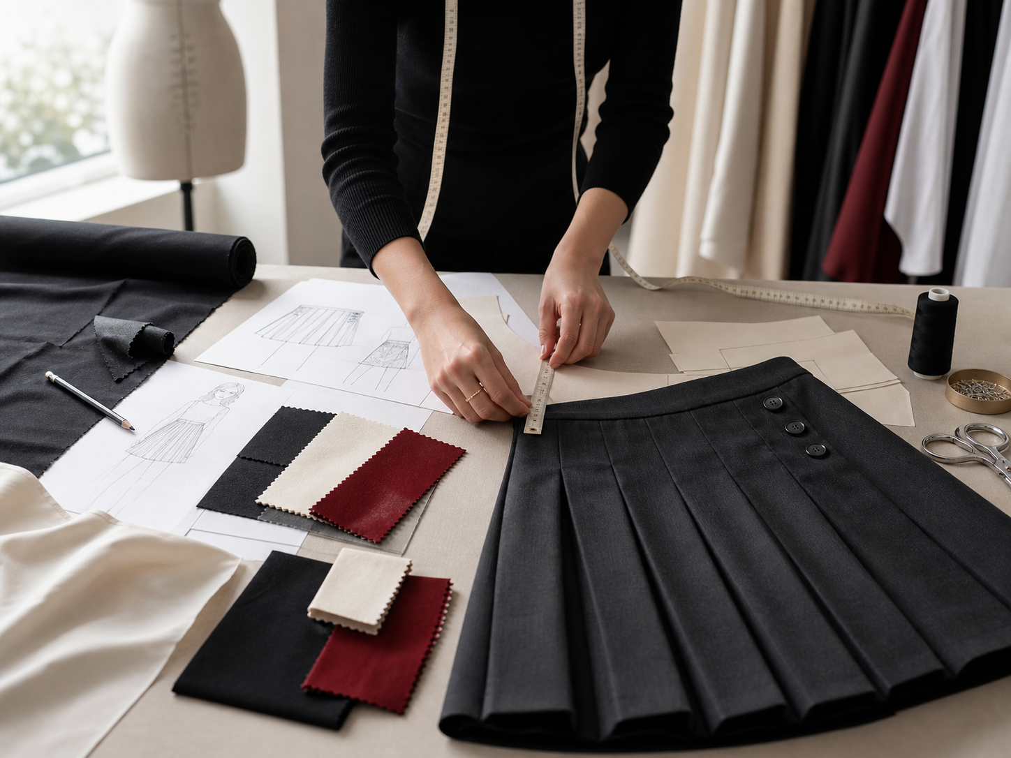 Fashion buyer reviewing skirt sample details