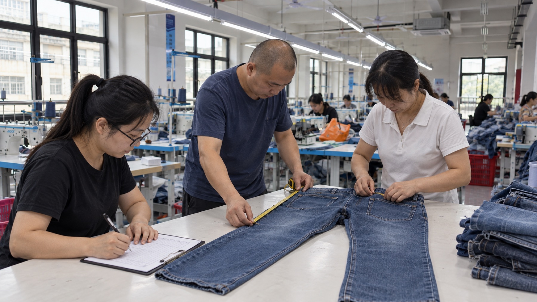 Apparel workers checking measurements and stitching on finished denim trousers during garment inspection